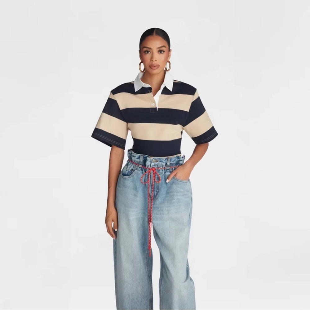 KBB by Kahlana Fitted Rugby Shirt: Navy and Tan Striped-Size S